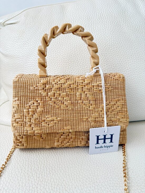 Haute Hippie Handbags - HAUTE HIPPIE WOVEN STRAW CROSSBODY BAG SATCHEL NATURAL ACRYLIC CHAIN